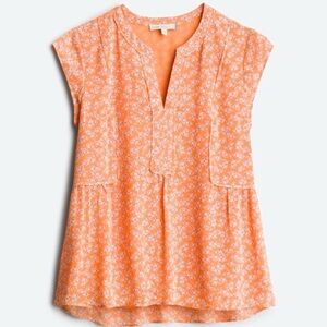 Pale Sky Coral Floral Bohemian Feminine Split-V Neck Oversized Flowy Blouse M